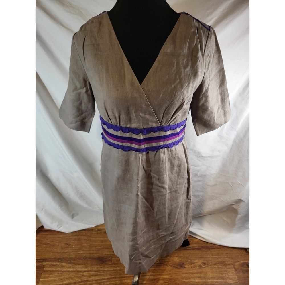 Boden Size 6 Gray Linen Shift Dress W/ Purple Detail
